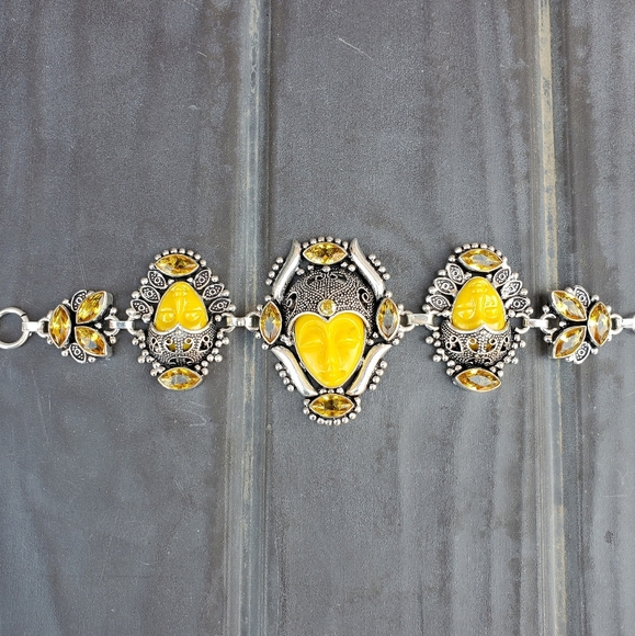 New Carved Yellow 3 Goddess Face Citrine 925 Silver Bracelet. - Picture 10 of 16